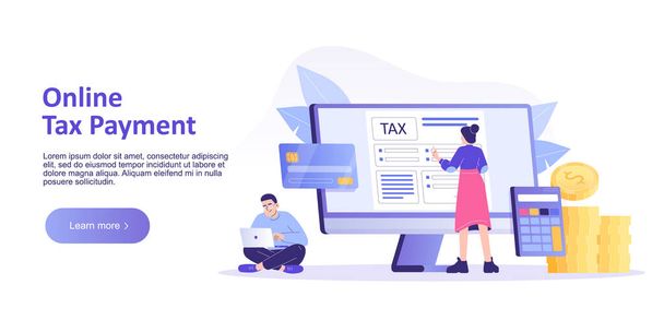 Online Tax Payment Concept. Young people filling application for Tax Form Statement. Online Tax Submitting System. Landing or Homepage Template. Isolated modern vector illustration for web banner - Vector, Image