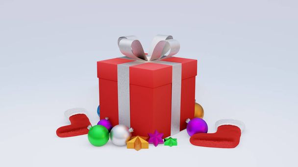 abstract kerstmis rode achtergrond 3d rendering met veel object kerstboom geschenk doos sneeuw man metallic gouden bal, vakantie kerst nieuwjaar concept - Foto, afbeelding