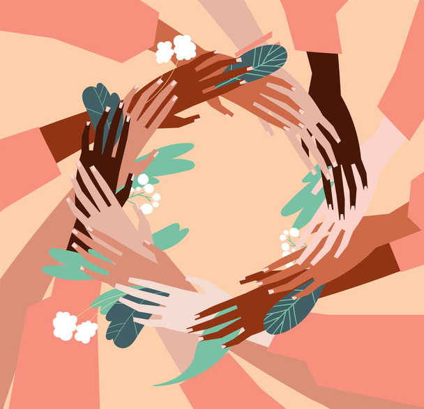 Vector illustration of a people's hands with different skin color together. Minimal flat style art. - Vector, Image