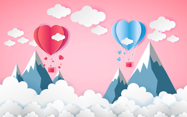 love and valentine day  with heart float on the sky.paper art ,Origami made hot air balloon flying over grass vector illustration - Διάνυσμα, εικόνα