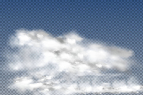 Realistisch isolierte und transparente Wolken, Nebel oder Rauch auf blauem Hintergrund. Grafischer Elementvektor. Vektor-Designform für Logo, Web und Druck. - Foto, Bild