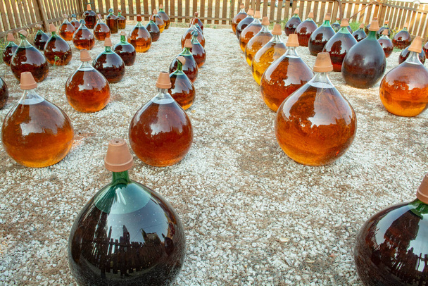 Making of natural sweet dessert muscat liqueur white wine outside in big round glass antique demijohn bottles in Frontignan, France - Photo, Image