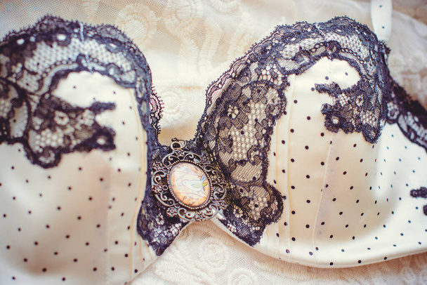 Vintage bra on white oldest lace. Beautiful and tenderness lingerie - Photo, Image