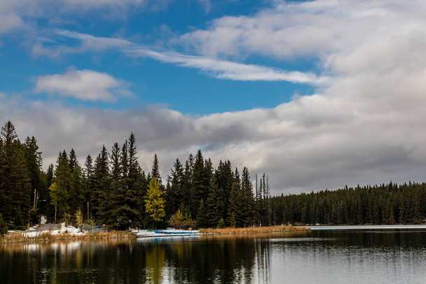 Early snow late fall on the lake. Cyprus Hills Provincial Park, Saskatchewan, Canada - Photo, Image
