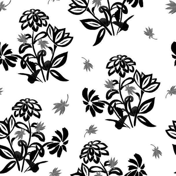 Abstract floral seamless pattern with watercolor contour flowers. Vintage natural background. Textile design or any kind of a design. - Foto, Imagem