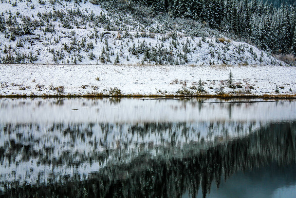 Nieve temprana caída a lo largo del lago. Área de Recreación Provincial del Lago Sibbald, Alberta, Canadá - Foto, Imagen