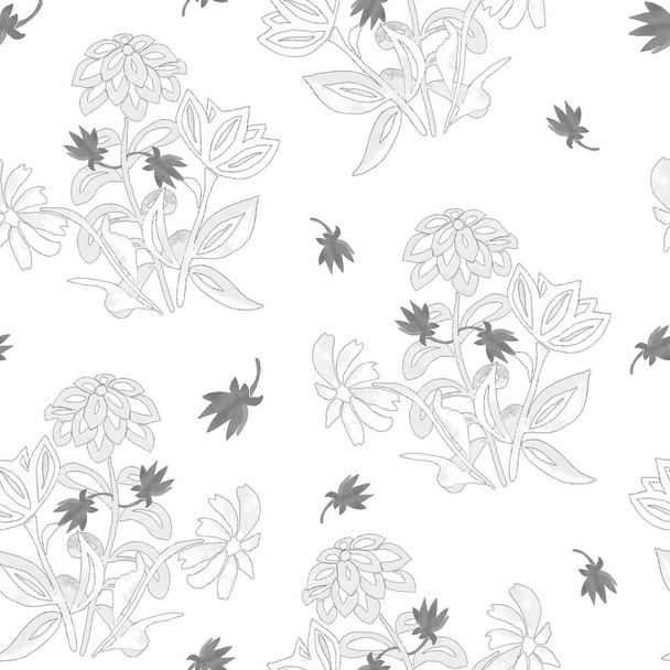 Abstract floral seamless pattern with watercolor contour flowers. Vintage natural background. Textile design or any kind of a design. - Fotó, kép