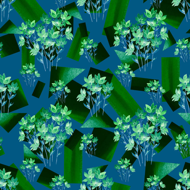 Creative floral seamless pattern with watercolor spring flowers on geometric background. Vintage floral print. - Fotó, kép