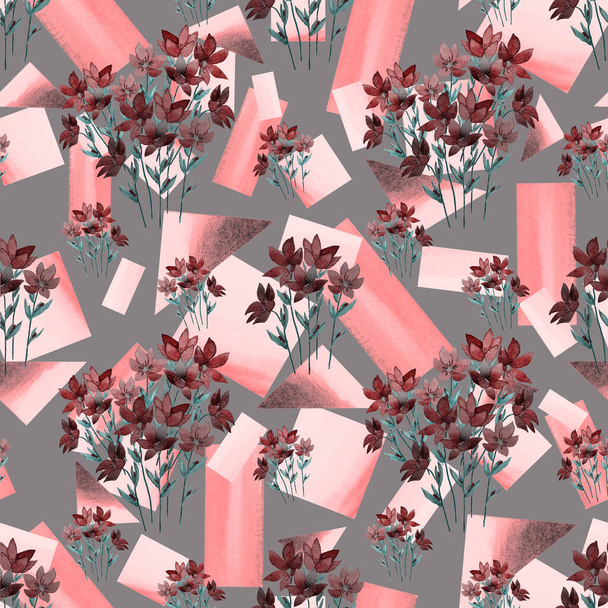 Creative floral seamless pattern with watercolor spring flowers on geometric background. Vintage floral print. - 写真・画像