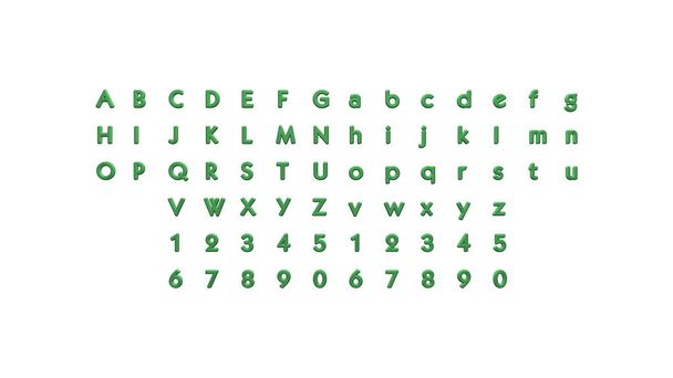 Alfabetos y números 3D con perspectivas coincidentes a cada lado para construir palabras con caligrafía detallada sobre un fondo blanco. - Foto, imagen
