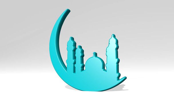 Arabská mešita vytvořená 3D ilustrací lesklé kovové sochy na stěně se světelným pozadím. - Fotografie, Obrázek
