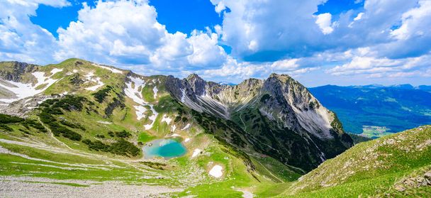 Beautiful landscape scenery of the Gaisalpsee and Rubihorn Mountain at Oberstdorf, View from Entschenkopf, Allgau Alps, Bavaria, Germany - Fotó, kép