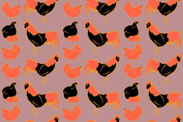 Απρόσκοπτη μοτίβο του στυλιζαρισμένου κόκορα, κότα, κόκορας, κοτόπουλο με τρύπα και κηλίδες σε έγχρωμο φόντο. Χέρι ζωγραφισμένο. Colorfil απρόσκοπτη κόκορας και κότα φόντο. - Φωτογραφία, εικόνα