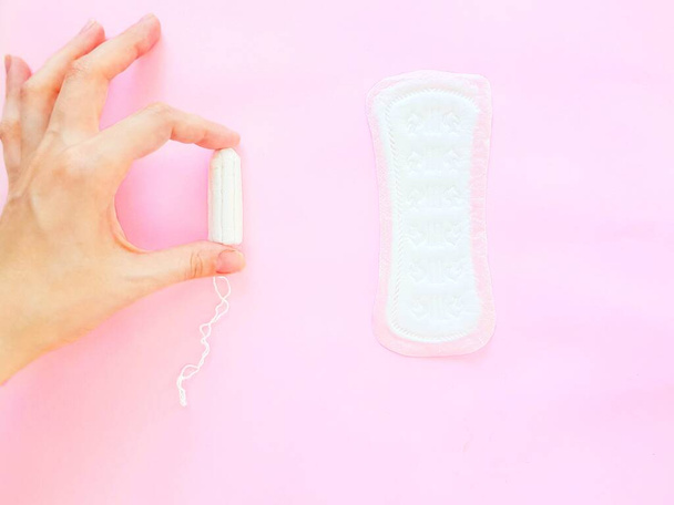 Intimate feminine hygiene products. The daily tampon and sanitary pads. Menstrual cycle. - Zdjęcie, obraz