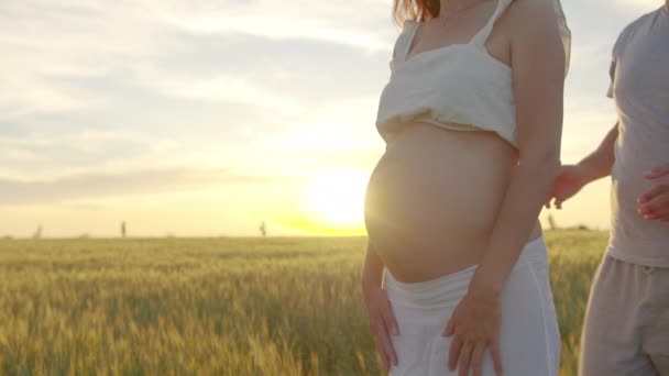 Máma s tátou drží těhotné bříško. Těhotná dvojice hladí těhotné břicho. Šťastná rodina. těhotenství, mateřství, mateřství, lidé a koncepce očekávání. - Záběry, video