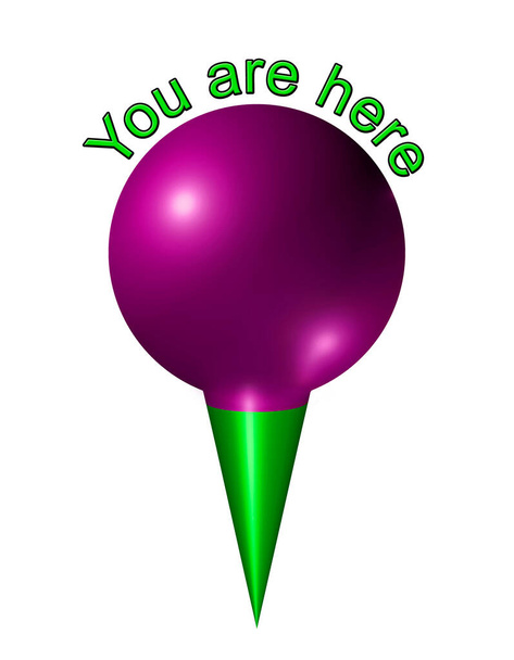 A 3D You are here pin style icon with purple sphere and green point - Photo, Image
