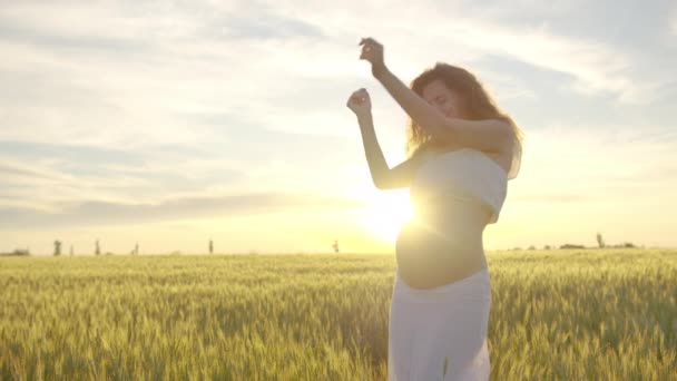 Maman enceinte dansant. Concept Grossesse et maternité. Maman mignonne et amusante Danser au coucher du soleil
. - Séquence, vidéo