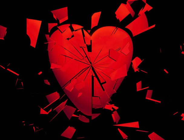 A red heart breaking into pieces on a black background - Photo, Image