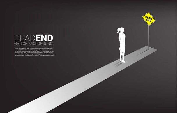 Silhouette businesswoman standing at the end of road with dead end signage . Concept of wrong decision in business or end of career path. - Vector, Image