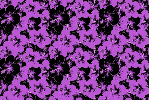 Seamless floral pattern with black and violet hibiscus flowers, watercolor. Flower illustration. Seamless pattern with floral motif. - Foto, Imagem