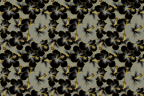 Illustratie van zwarte en grijze hibiscus bloemen. Naadloos patroon met zwarte en grijze bloemen. - Foto, afbeelding