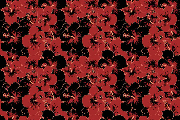 Нежный тропический цветок, черный и красный рисунок гибискуса. Бесшовный рисунок
 - Фото, изображение
