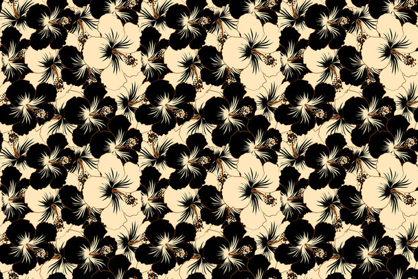 Beige en zwarte ornament van eenvoudige hibiscus bloemen, abstract naadloos patroon voor ontwerp en textiel. - Foto, afbeelding
