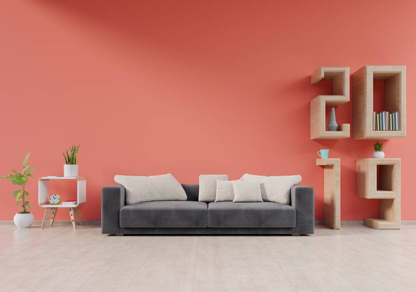 Modern nappali belső kanapéval és zöld növények, lámpa, asztal élő korall 2019 fal háttér, 3d renderelés - Fotó, kép