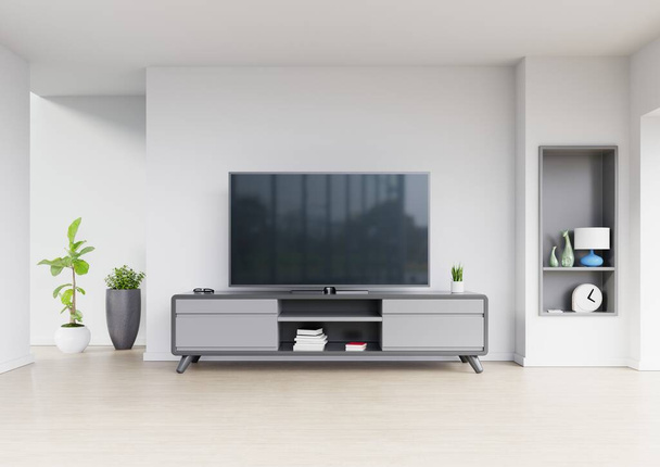 TV design a szekrény belső modern szoba növényekkel, polc, lámpa fehér falon, 3D renderelés - Fotó, kép