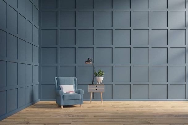 Lege kamer met een fauteuil, donkere muur, 3D rendering - Foto, afbeelding