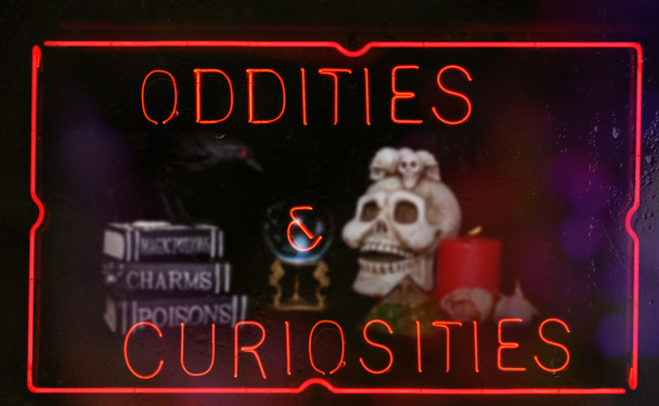 Oddities and Curiosities Neon Sign in Shop Window - Photo, Image