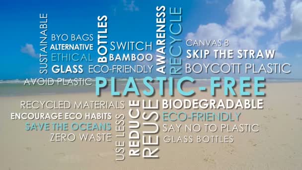 Palabras relacionadas con palabras libres de plástico texto animado nube de palabras sobre fondo limpio de playa
. - Metraje, vídeo