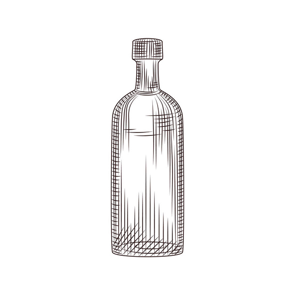 Handgezeichnete Skizze einer Alkoholflasche isoliert auf weißem Hintergrund. Vintage Wodkaflasche. Gravurstil. Für Speisekarten, Poster, Drucke, Verpackungen. Vektorillustration - Vektor, Bild