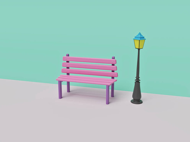 Bank mit Straßenlaterne isoliert auf pastellfarbenem Hintergrund. Minimales Konzept zur Entspannung im Freien. 3D-Darstellung - Foto, Bild