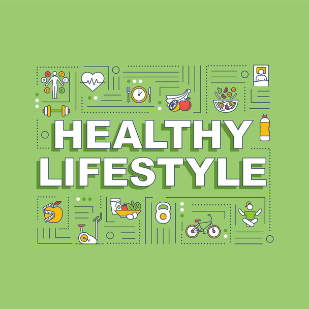 Healthy lifestyle word concepts banner. Conscious nutrition and sport exercises. Infographics with linear icons on green background. Isolated typography. Vector outline RGB color illustration - Vector, afbeelding