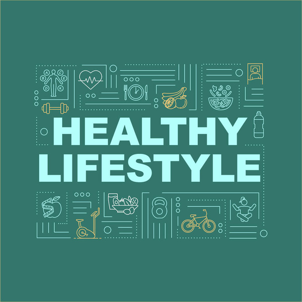 Healthy lifestyle, healthcare word concepts banner. Conscious nutrition and fitness. Infographics with linear icons on green background. Isolated typography. Vector outline RGB color illustration - Vektor, kép