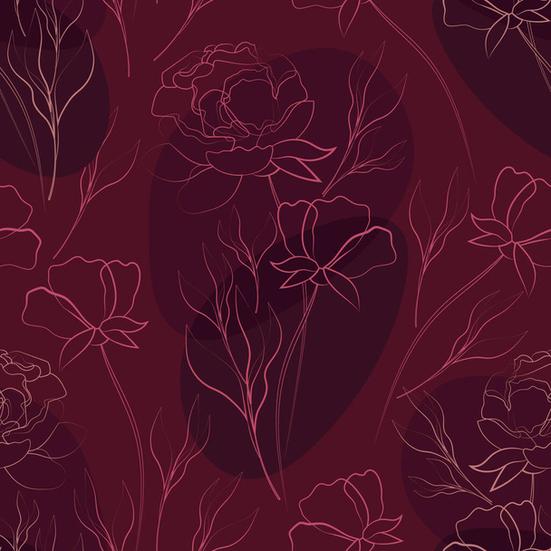 Flowers and leaves. Flower seamless pattern. Drawing lines on the background of watercolor blots. Line art, sketch, ink, freehand drawing, graphics. Vector illustration isolated on a burgundy background. - Vector, Imagen
