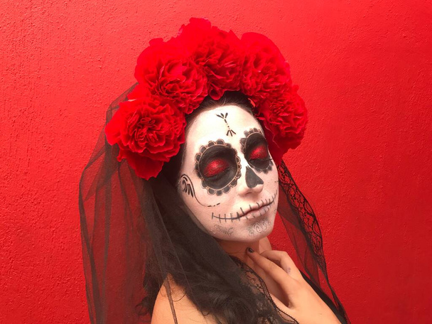 girl disguised as death, catrina, in allusion to the day of the dead, Mexican tradition - Photo, Image