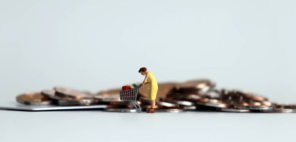 Una mujer en miniatura comprando frente a las monedas
. - Foto, Imagen