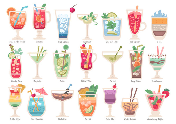 Alcoholic fruit cocktails set. Beach party drinks - Vector, Image