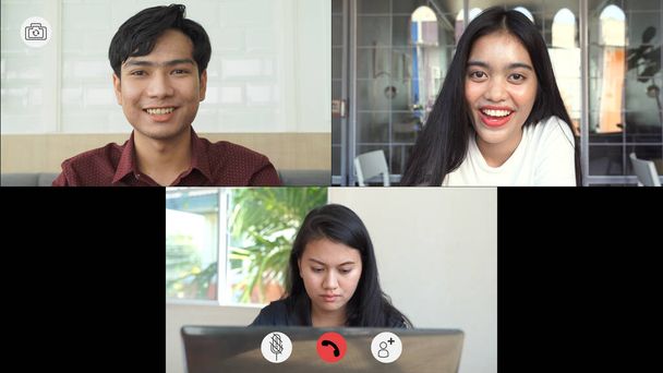 Videotelefonie-Screenshot der Gesichter asiatischer Kollegen oder Partner, die sich aus der Ferne mit Videokonferenzen, Grüßen und Meetings treffen, während sie von zu Hause aus arbeiten und soziale Distanz wahren - Foto, Bild