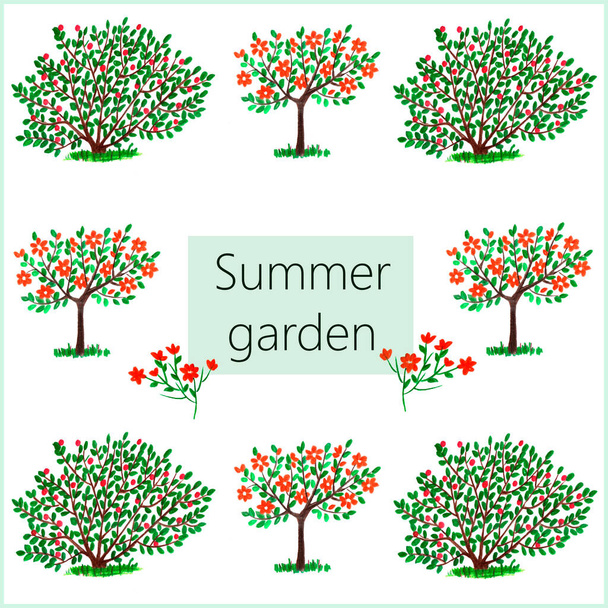 Flowering trees and shrubs on a white background with the inscription "Summer garden". Drawing with colored pencils. - Photo, Image
