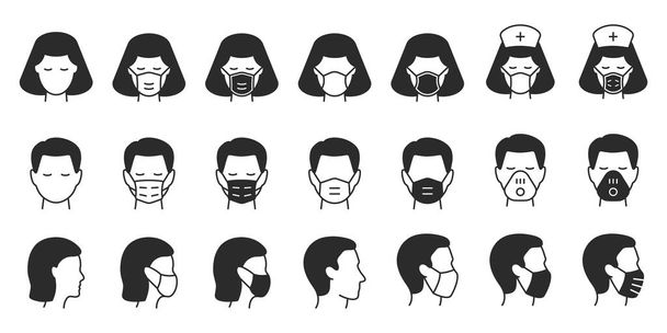 Man and Woman in medical mask icons. Vector illustrations on white. - Vektor, kép