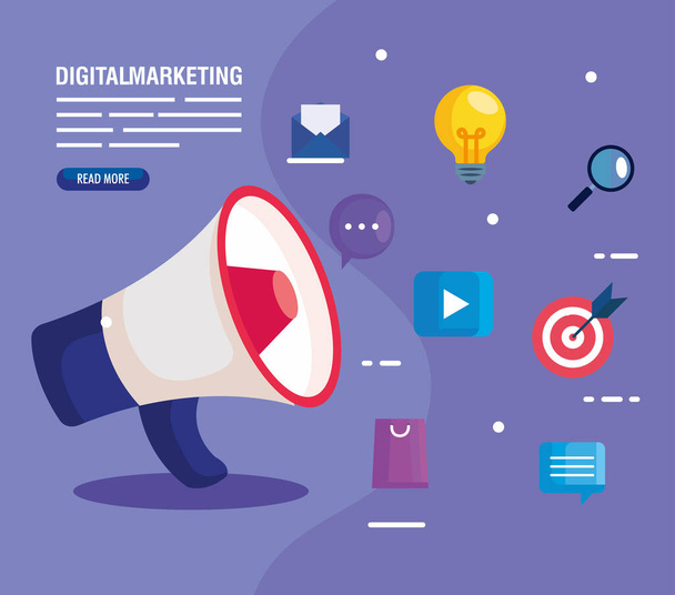цифровой интернет-маркетинг для бизнеса и маркетинга в социальных сетях, мегафон и маркетинговые иконы
 - Вектор,изображение