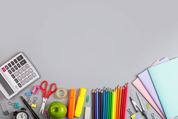 Back to School background with place for text. Collection of school supplies in a bright flat style. Educational concept. Copy space, mockup, template - 写真・画像