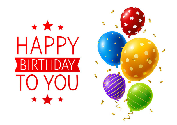 Bright color balloons with ornate and confetti on white background - birthday greeting card design - Διάνυσμα, εικόνα