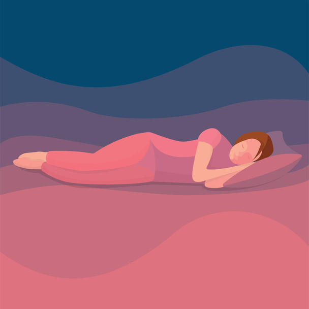Alvó nő. Egy nő, aki takaróval alszik az ágyban. Hálószoba vektor illusztráció. Éjszakai alvó hölgy. Nő alszik az ágyban paplan alatt. - Vektor, kép