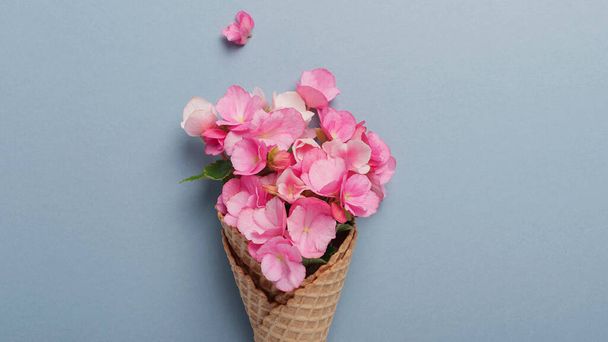Summer minimal concept. Ice cream cone with pink begonia flowers on blue pastel background. Flat lay. Top view with a copy scpace. Creative layout, slider format - Foto, afbeelding