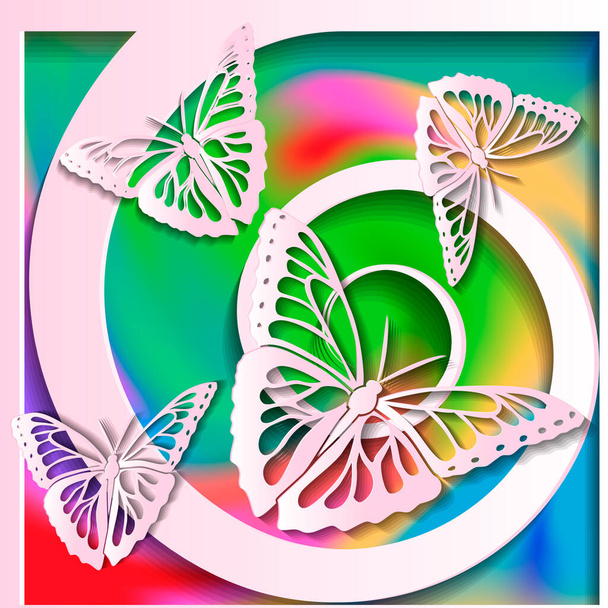 Driedimensionale meerlaagse tekening. Witte vlinders op een witte spiraalachtergrond en een veelkleurige achtergrond. Vectorillustratie. - Vector, afbeelding