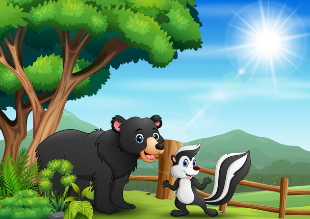 Niedźwiedź i skunks pod drzewem - Wektor, obraz